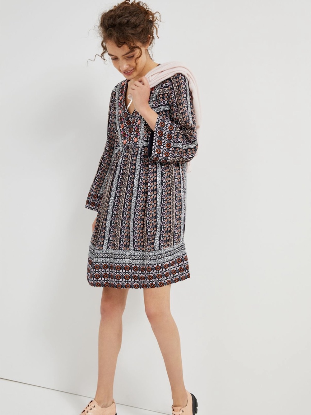 Maeve Black Multi Boho V-Neck Mini Dress